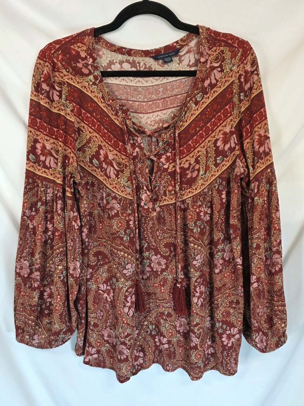 American Eagle Boho Blouse Size M Rust Red Paisley Peasant Floral Lace Up Tassel